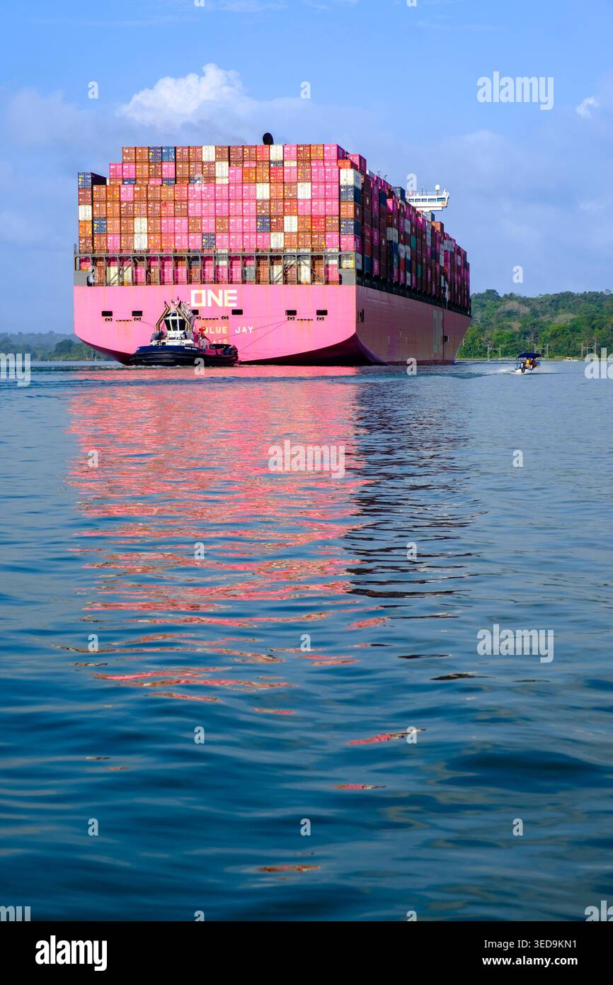 Container, Ocean Network Express, UNA nave container sul lago Gatun, Canale di Panama, Panama Foto Stock
