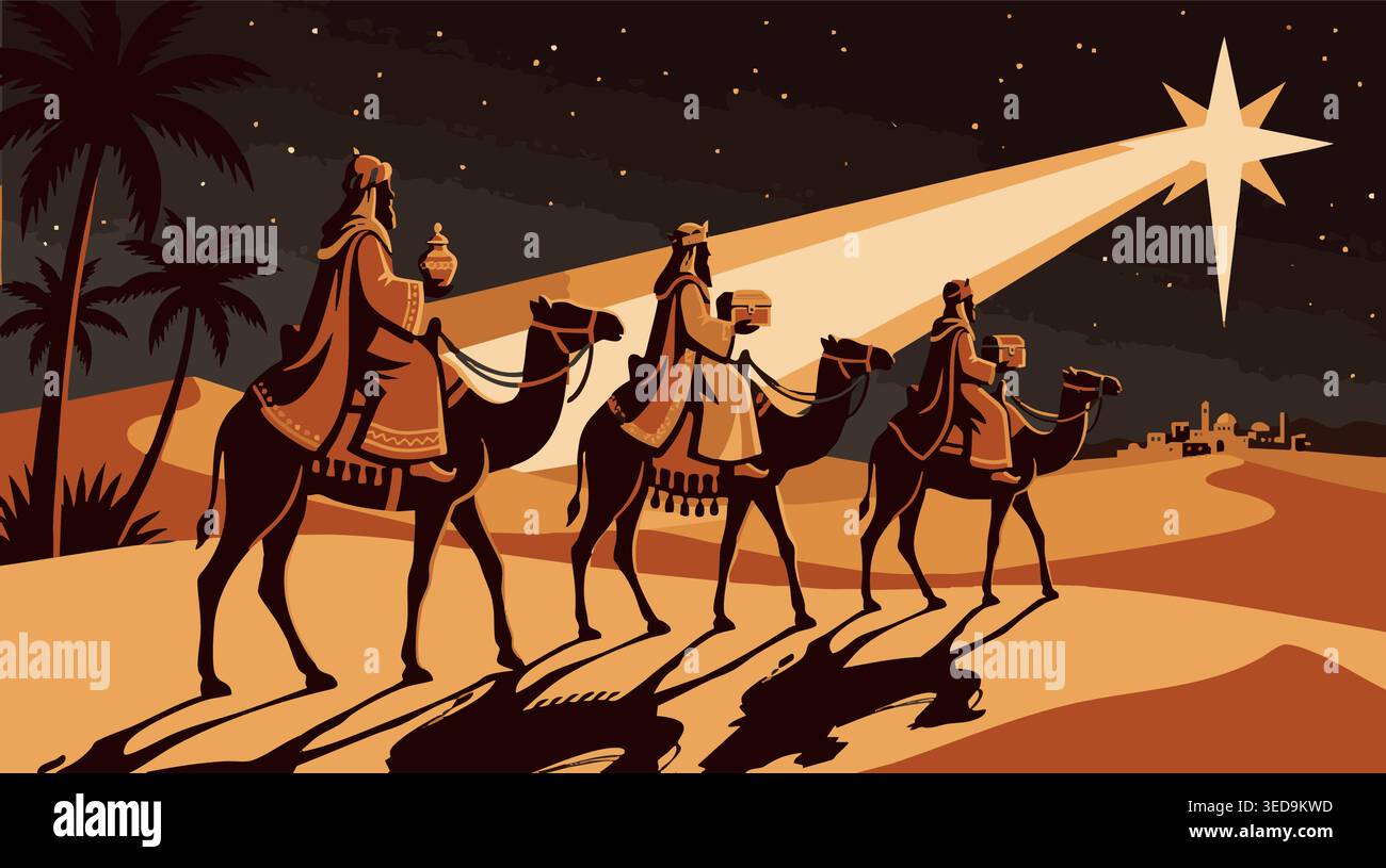 Illustrazione biblica vettoriale dei tre saggi che viaggiano su cammelli seguendo la stella di Betlemme in un paesaggio notturno nel deserto sotto le stelle Illustrazione Vettoriale