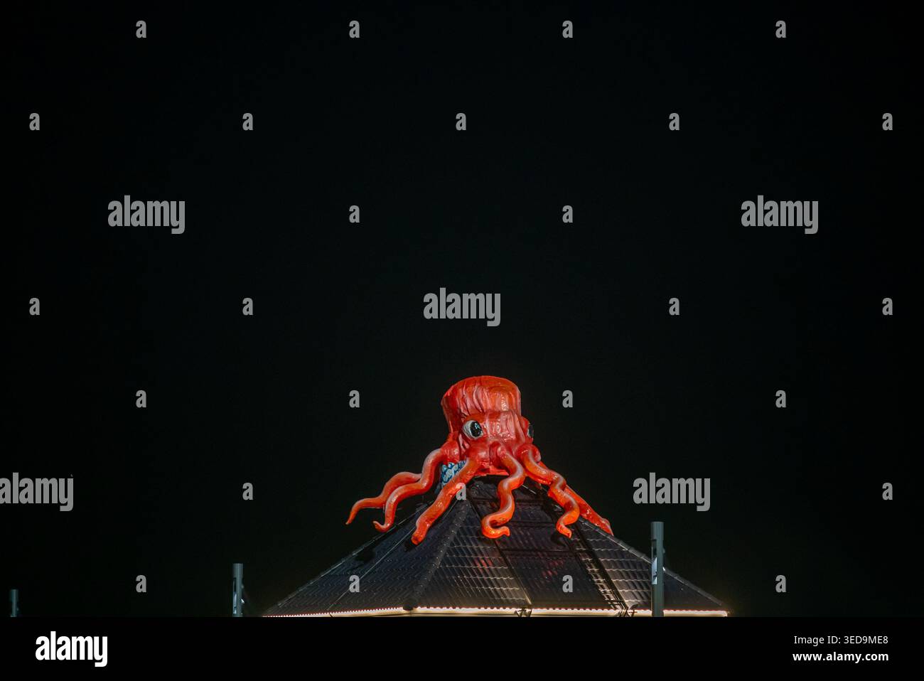 Una splendida scultura di polpo arancione, ben visibile su un tetto, catturando l'attenzione di notte con colori vivaci e fantasia. Perfetto per Foto Stock