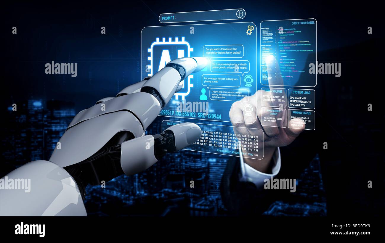 Interazione futuristica tra umano e robot con interfacce digitali che rappresentano l'intelligenza artificiale e la tecnologia informatica Fluxor. Foto Stock