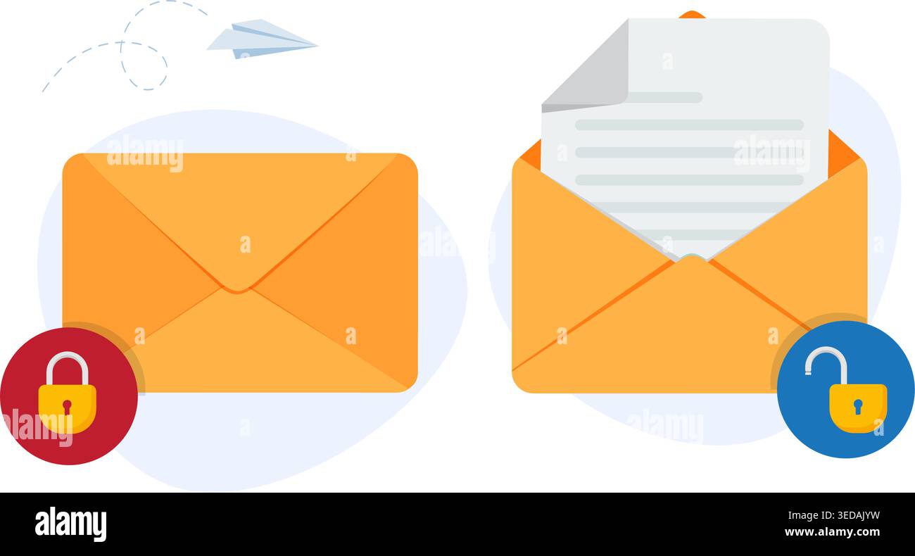 Immagine piatta di buste bloccate e sbloccate che rappresentano e-mail sicure, privacy dei dati e comunicazione digitale. Illustrazione Vettoriale
