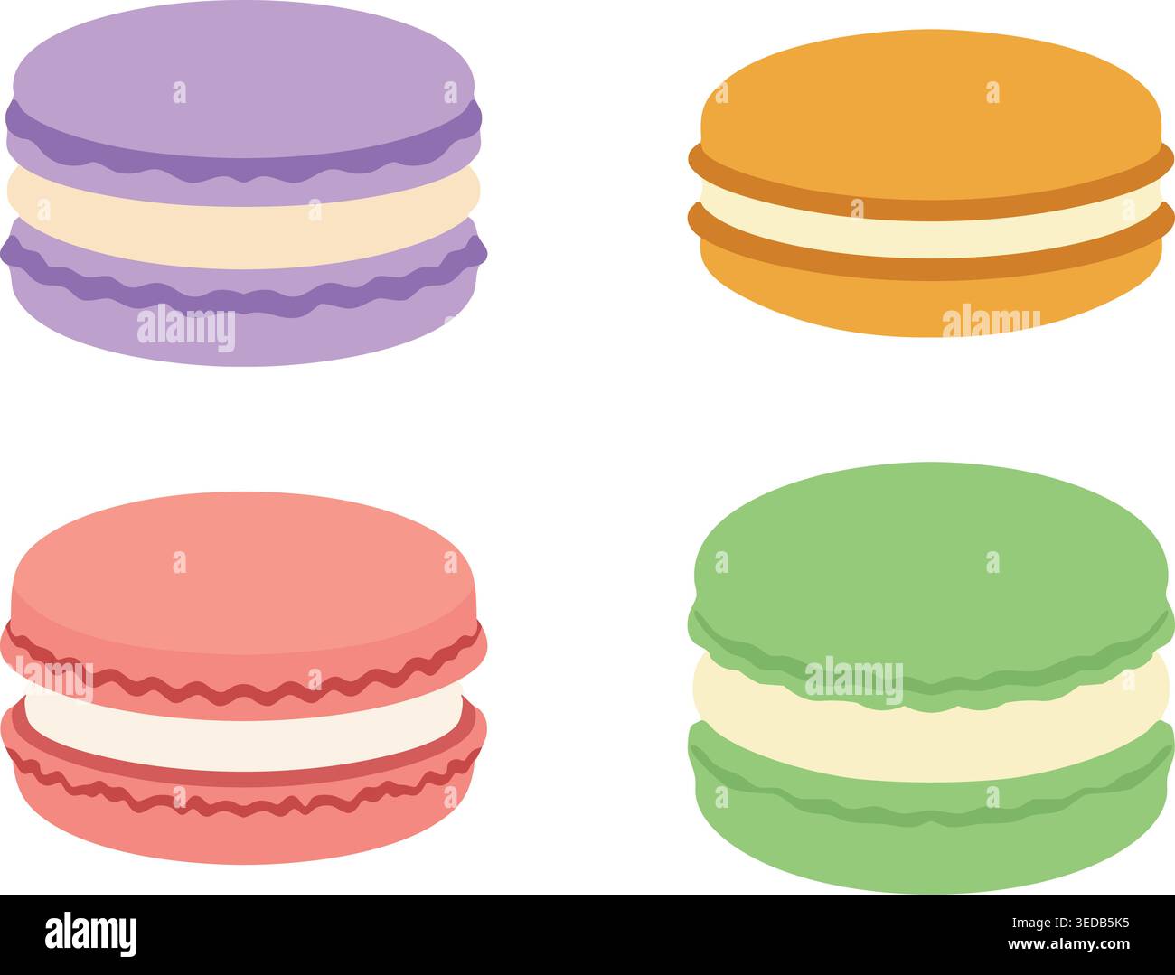 Un dolce set di illustrazioni piatte con macarons colorati in quattro gusti e toni pastello. Illustrazione Vettoriale