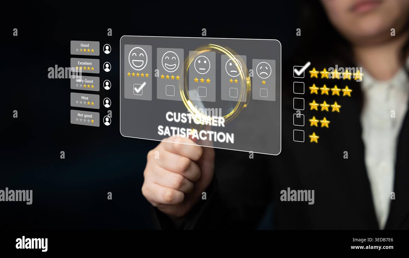 L'analisi del feedback dei clienti aumenta la soddisfazione, la qualità del servizio e la reputazione aziendale grazie a informazioni di revisione online e valutazione dei dati. Fermo Foto Stock