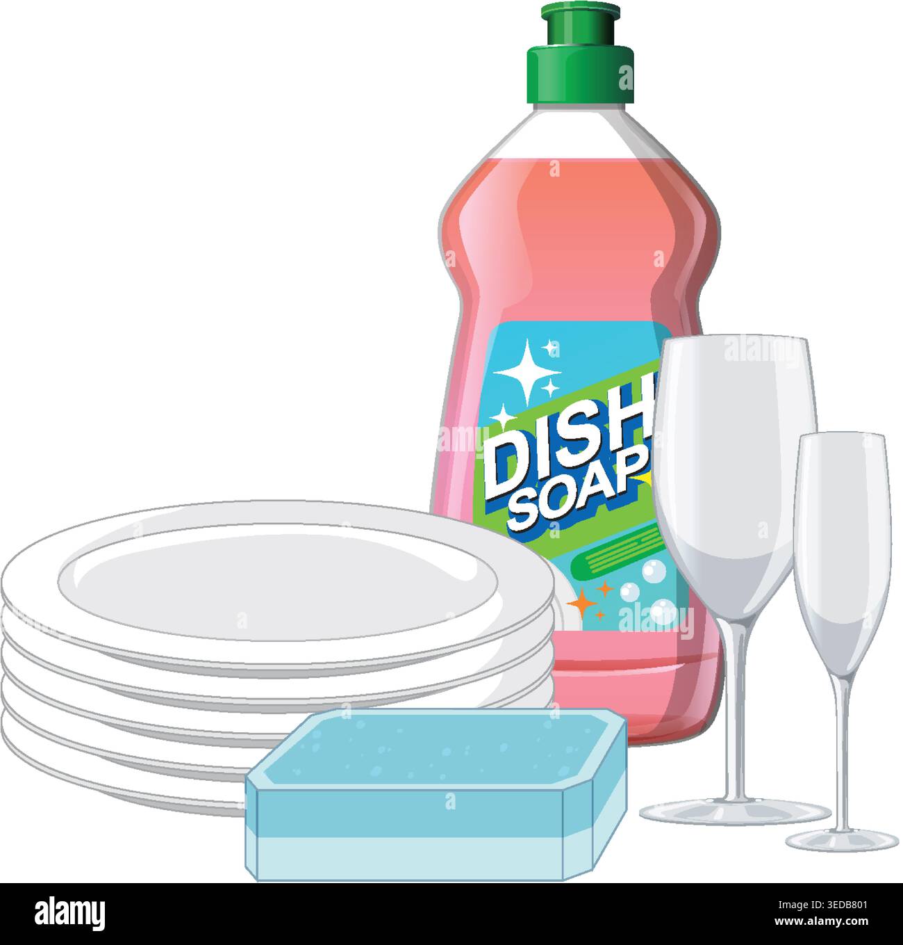 Illustrazione vettoriale di sapone per piatti, piatti impilati, spugna e bicchieri da vino in stile pulito Illustrazione Vettoriale