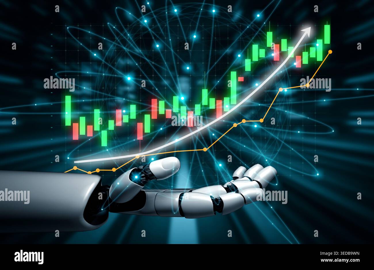 Una mano robotica futuristica visualizza i dati finanziari digitali, mostrando un grafico verde e rosso con slancio verso l'alto, simboleggiando la crescita economica e. Foto Stock