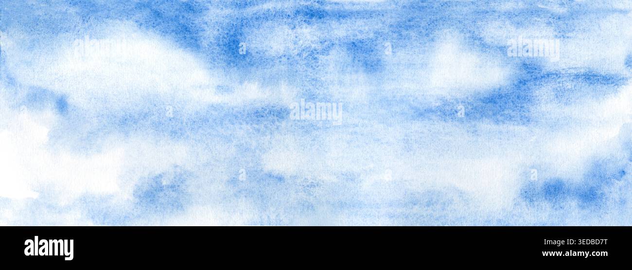 Illustrazione ad acquerello di un cielo blu sereno con soffici nuvole bianche. Il formato panoramico orizzontale è ideale per banner Web e social media Foto Stock