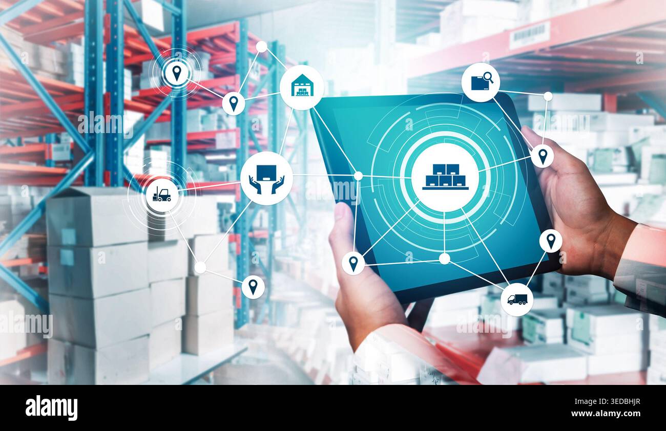 Sistema di gestione intelligente del magazzino con tecnologia innovativa dell'Internet delle cose per identificare il prelievo e la consegna delle confezioni . Futuro concetto di fornitura Foto Stock