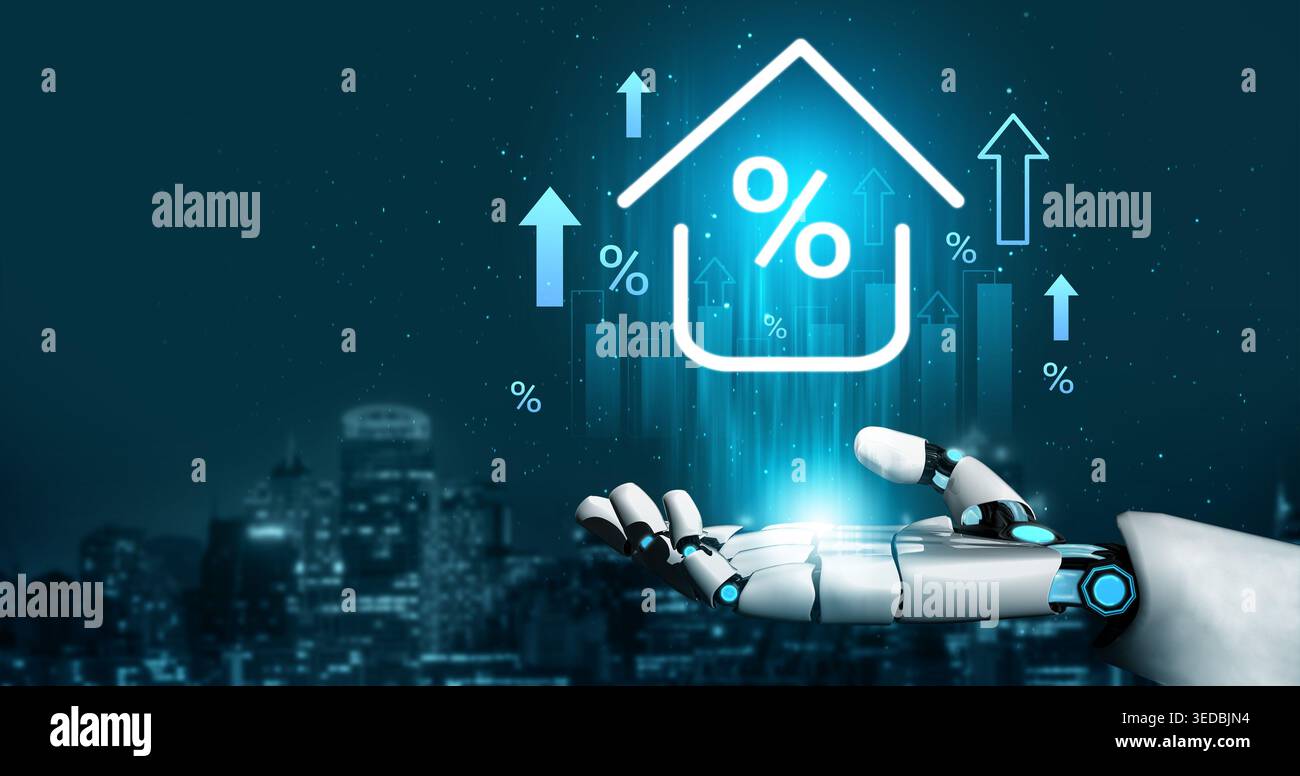 Una mano robotica presenta un simbolo di casa integrato con grafica percentuale, che illustra l'intersezione tra tecnologia e mercato immobiliare in Foto Stock