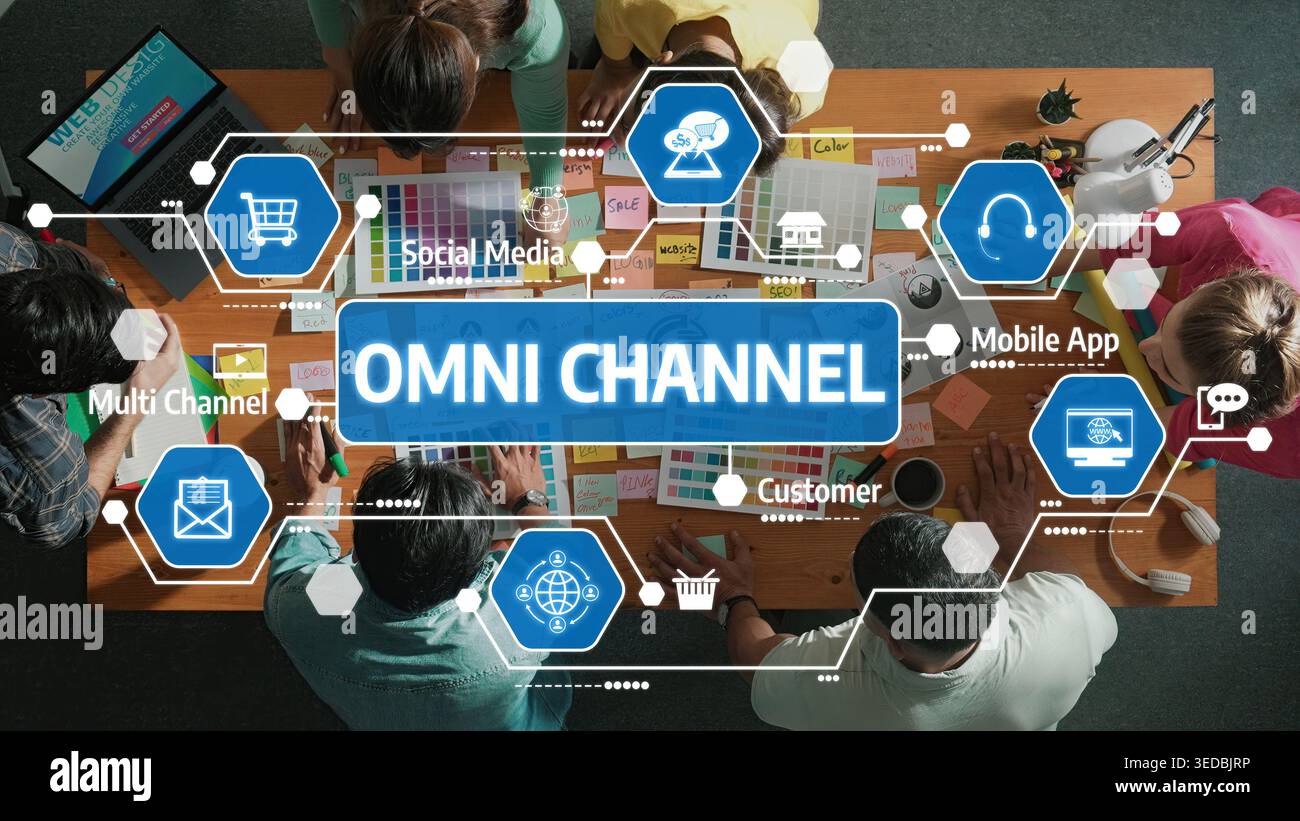 Un ambiente di lavoro dinamico che mette in evidenza la collaborazione nelle strategie omni channel, unendo l'interazione con i clienti con vari elementi multimediali per Foto Stock