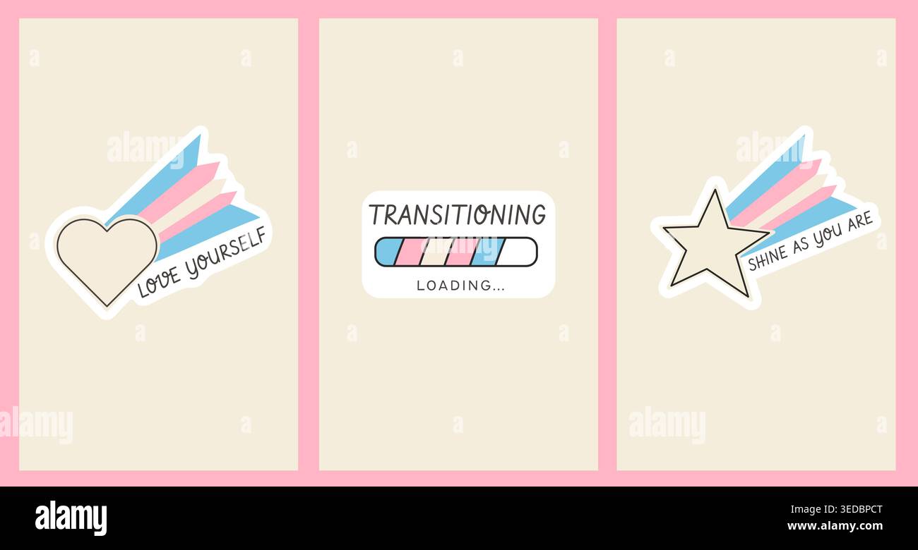 Set di banner verticali Transgender Pride Month con icone a bandiera Trans dall'estetica retrò. Modello di storia dei social media LGBTQ in stile anni '90 Illustrazione Vettoriale