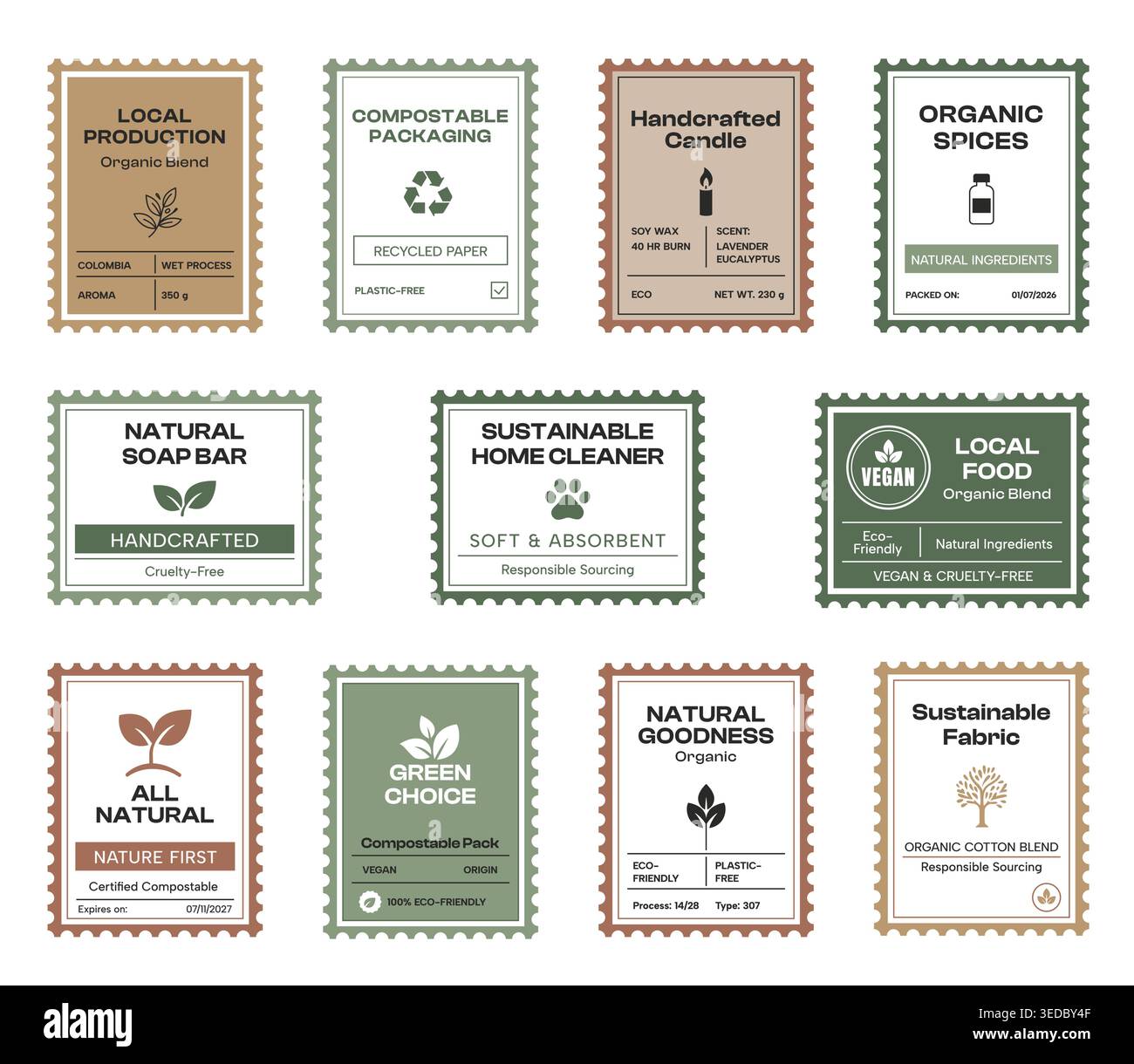 Etichette ecologiche e adesivi per imballaggi organici, set vettoriale vintage di etichette di prodotti naturali e badge compostabili con riciclabili, vegani e. Illustrazione Vettoriale