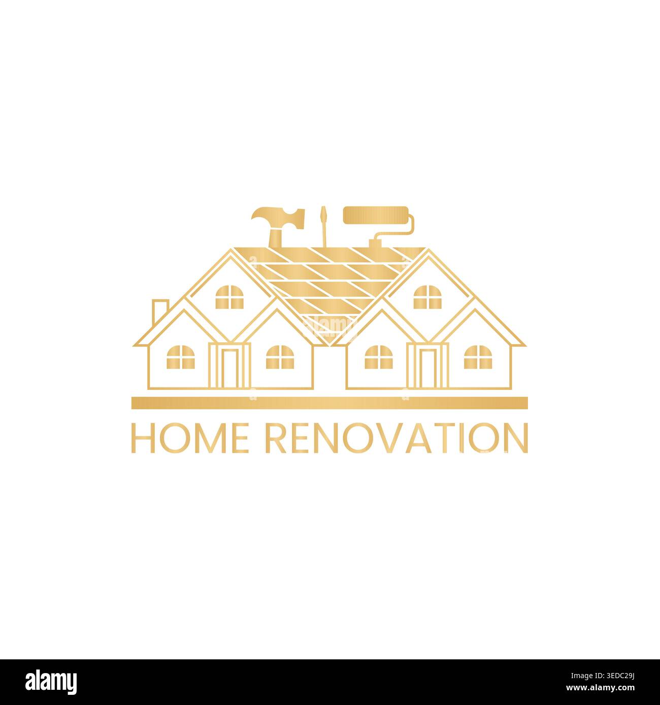 Logo per la ristrutturazione e la riparazione di abitazioni con il concetto di tetto della casa, il marchio dei servizi di costruzione Illustrazione Vettoriale