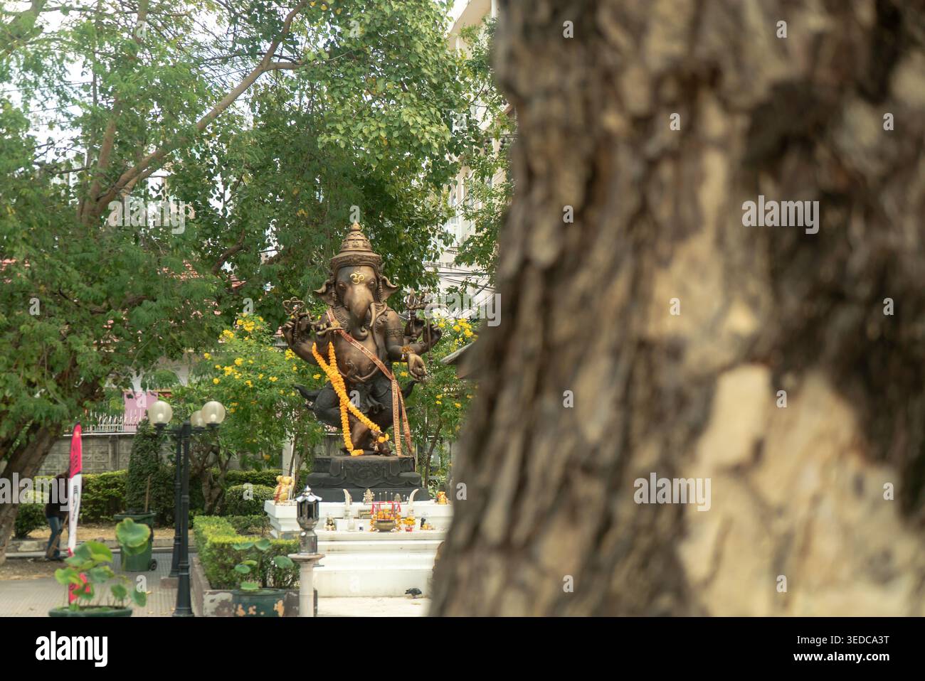 Una tranquilla statua di Ganesha circondata da lussureggiante vegetazione in un ambiente all'aperto, che cattura l'essenza della spiritualità e della celebrazione culturale. Perfetto per Foto Stock