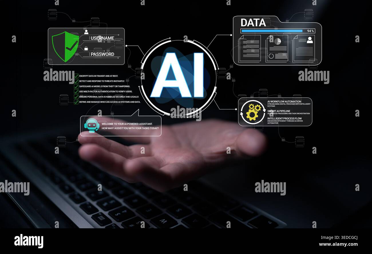 Rappresentazione concettuale dell'intelligenza artificiale con elementi di sicurezza dei dati visualizzati in una mano su un notebook Haptic in background. Foto Stock