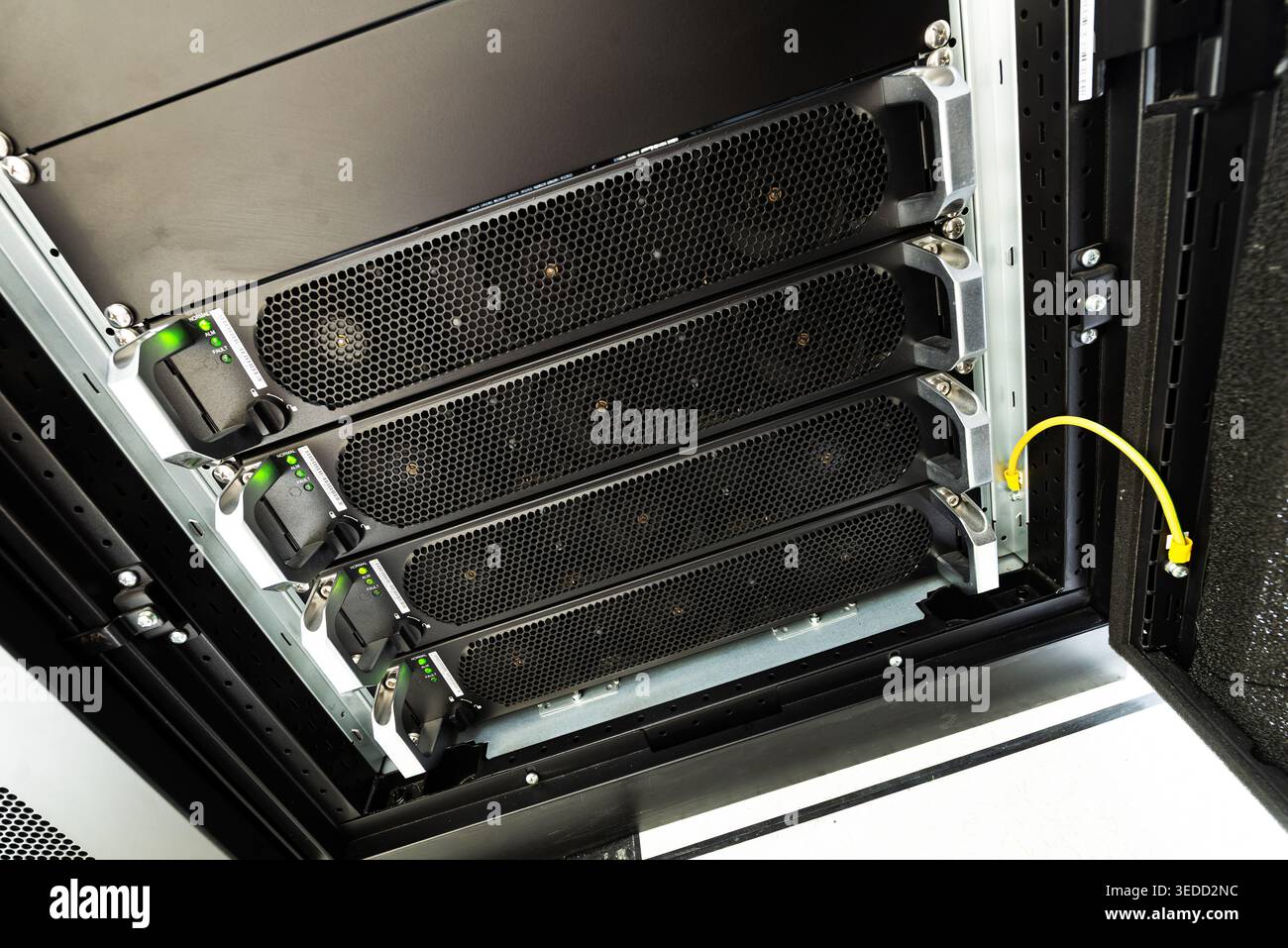 Vista ravvicinata di un server rack dotato di più unità di archiviazione dati, che mostra la tecnologia moderna e l'efficiente integrazione hardware in un professionista Foto Stock