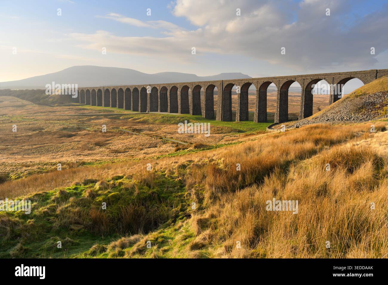 Una gloriosa mattinata nella campagna britannica con la luce del sole primaverile al Ribblehead Viaduct, Yorkshire Dales, Regno Unito. Foto Stock