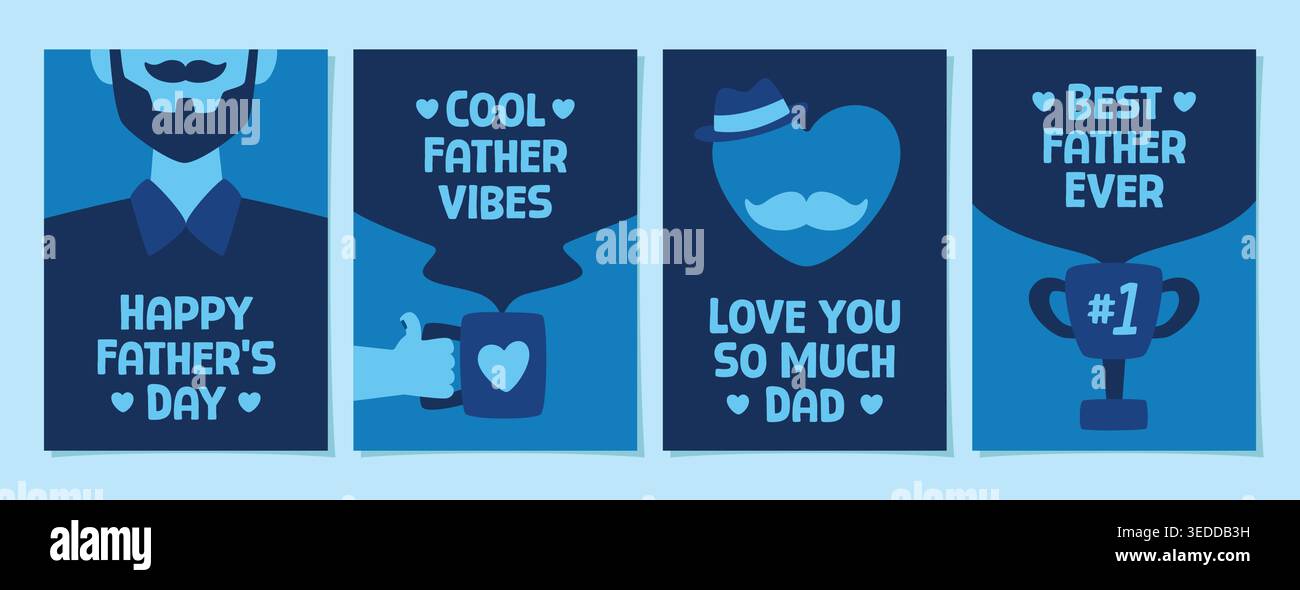 Set di carte blu disegnate a mano per la festa del papà, adatto per poster, social media, promozioni e campagne di eventi. Illustrazione Vettoriale