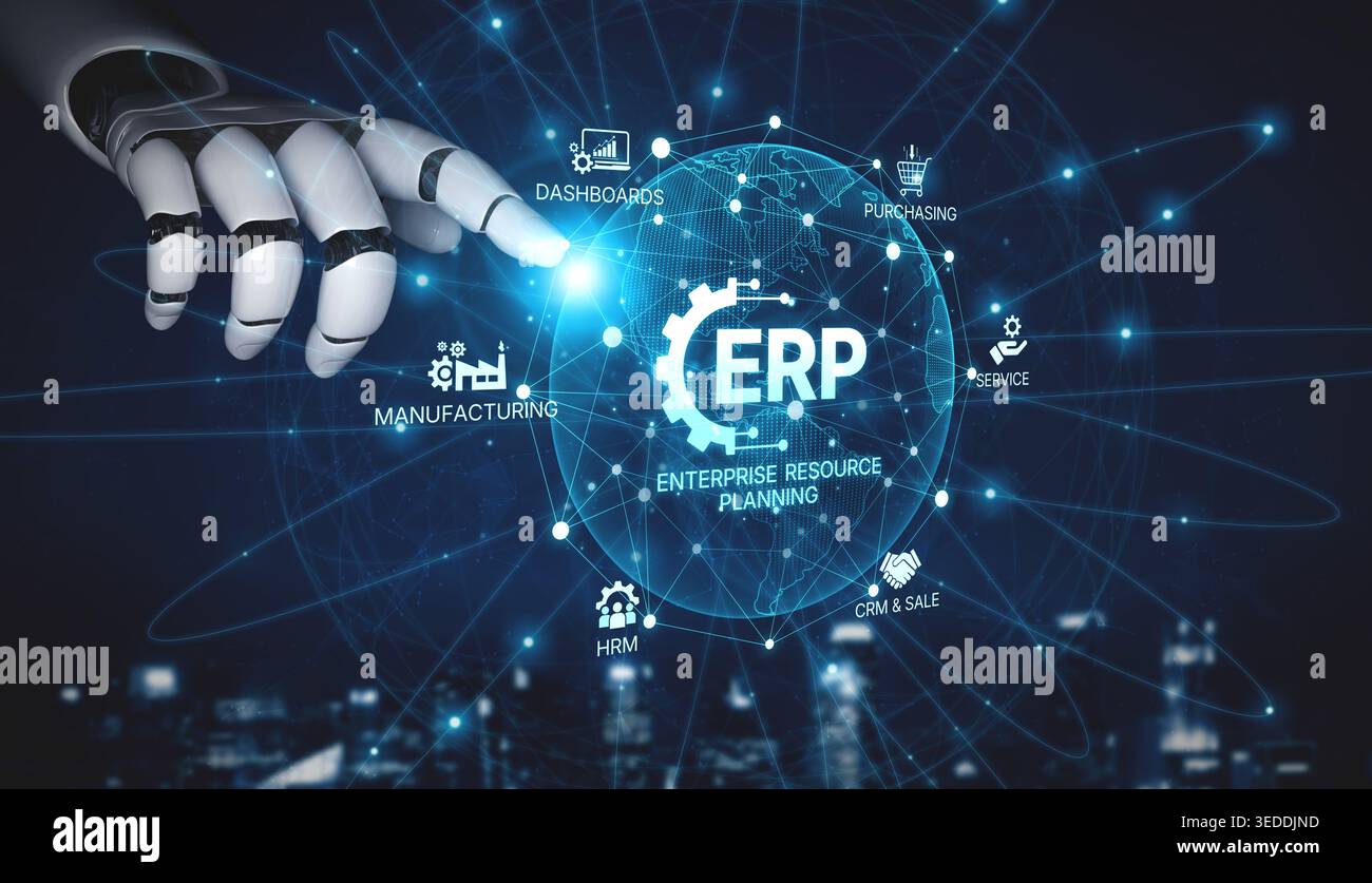L'INTELLIGENZA ARTIFICIALE ottimizza le piattaforme ERP con dashboard centralizzati, flusso di dati automatizzato e strumenti intelligenti per la gestione di risorse finanziarie, inventario e aziendali Foto Stock