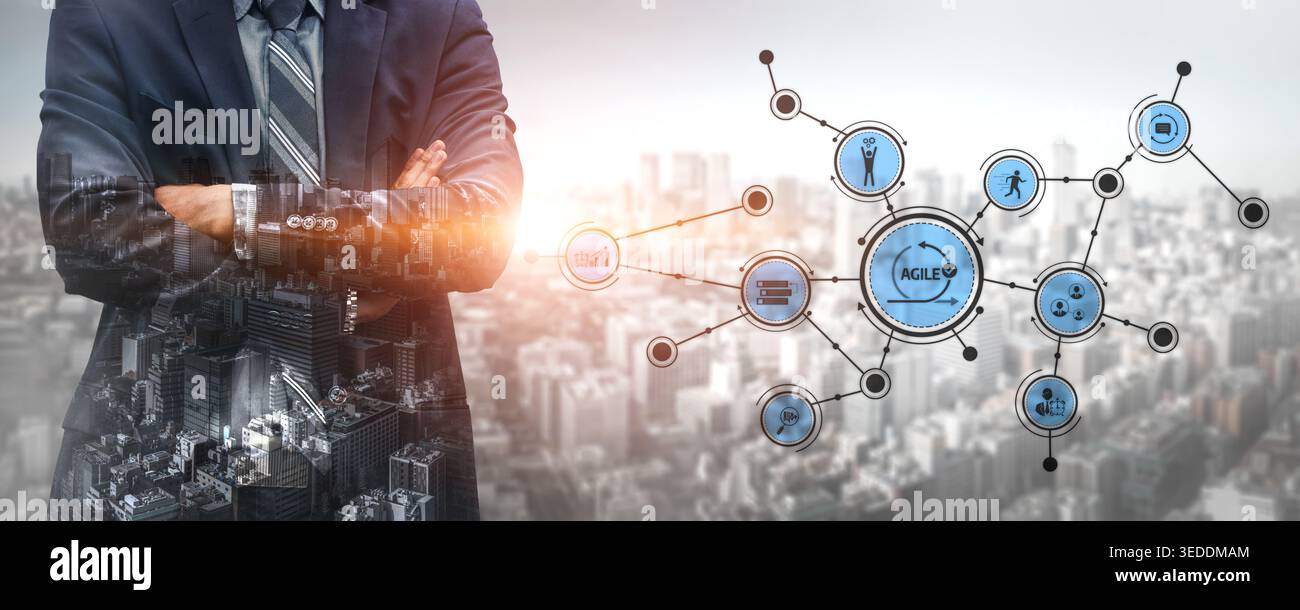 Un professionista aziendale sicuro si trova in uno scenario urbano vivace, mostrando elementi della rete digitale che simboleggiano la collaborazione e. Foto Stock