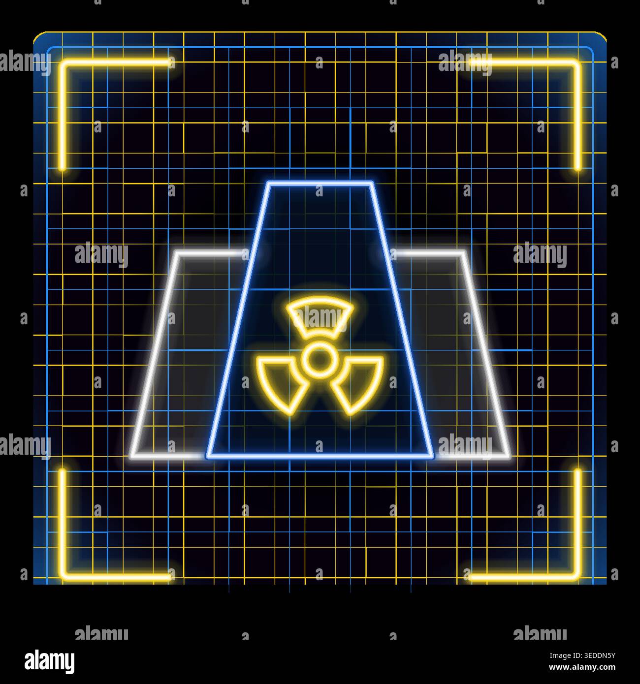 Simbolo nucleare luminoso blu e giallo al neon sullo sfondo della griglia. Stile cibernetico futuristico con tratti modificabili. Adatto per tecnologia, energia Illustrazione Vettoriale