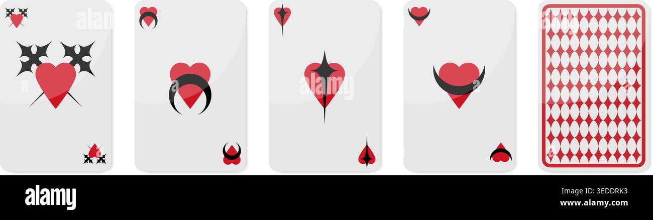 Carte da gioco disegnate con simboli e decorazioni a forma di cuore. Illustrazione vettoriale Illustrazione Vettoriale