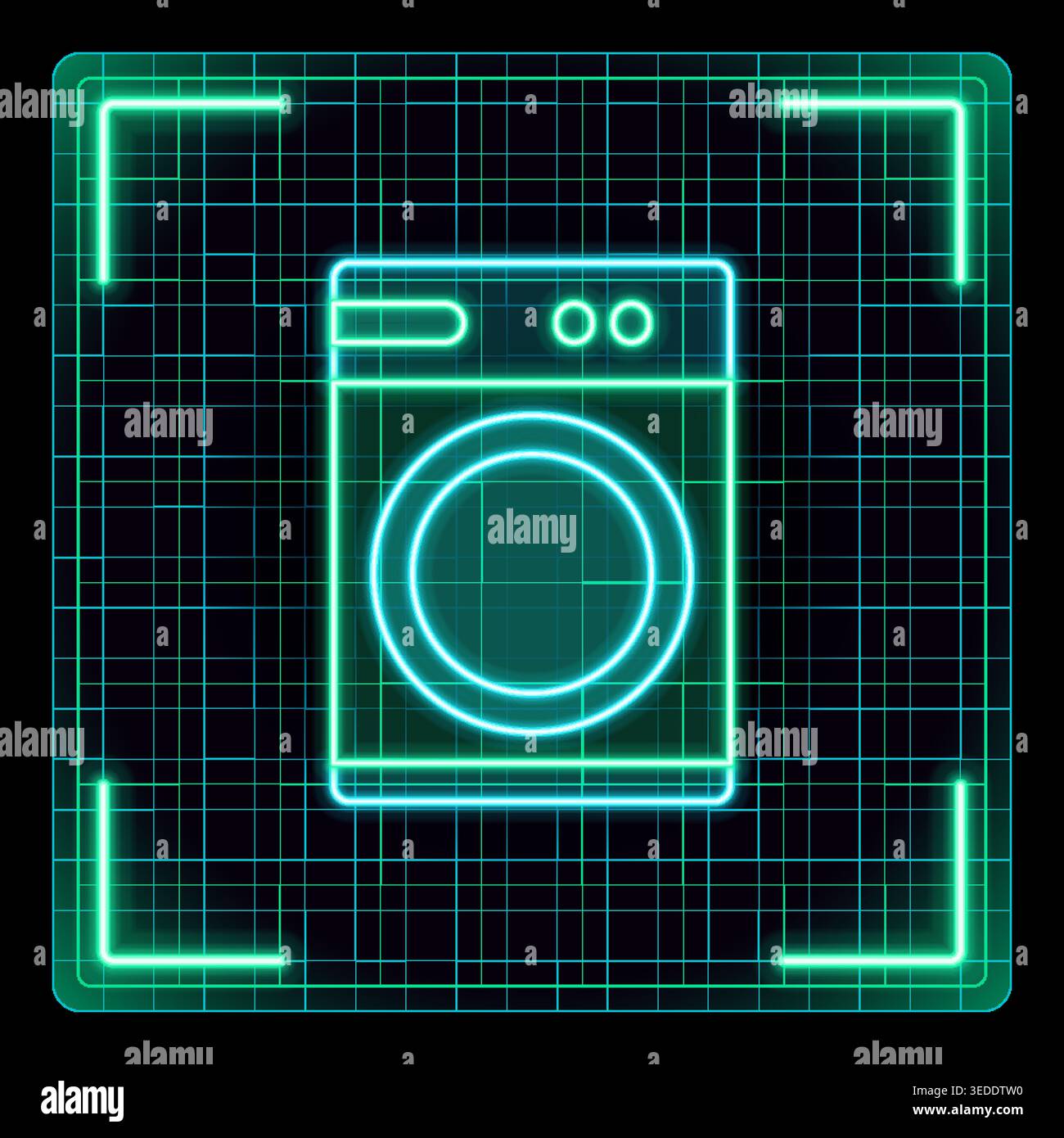 Icona futuristica della lavatrice con linee al neon brillanti. Su sfondo a griglia scura. Tratti modificabili per una maggiore flessibilità di progettazione Illustrazione Vettoriale