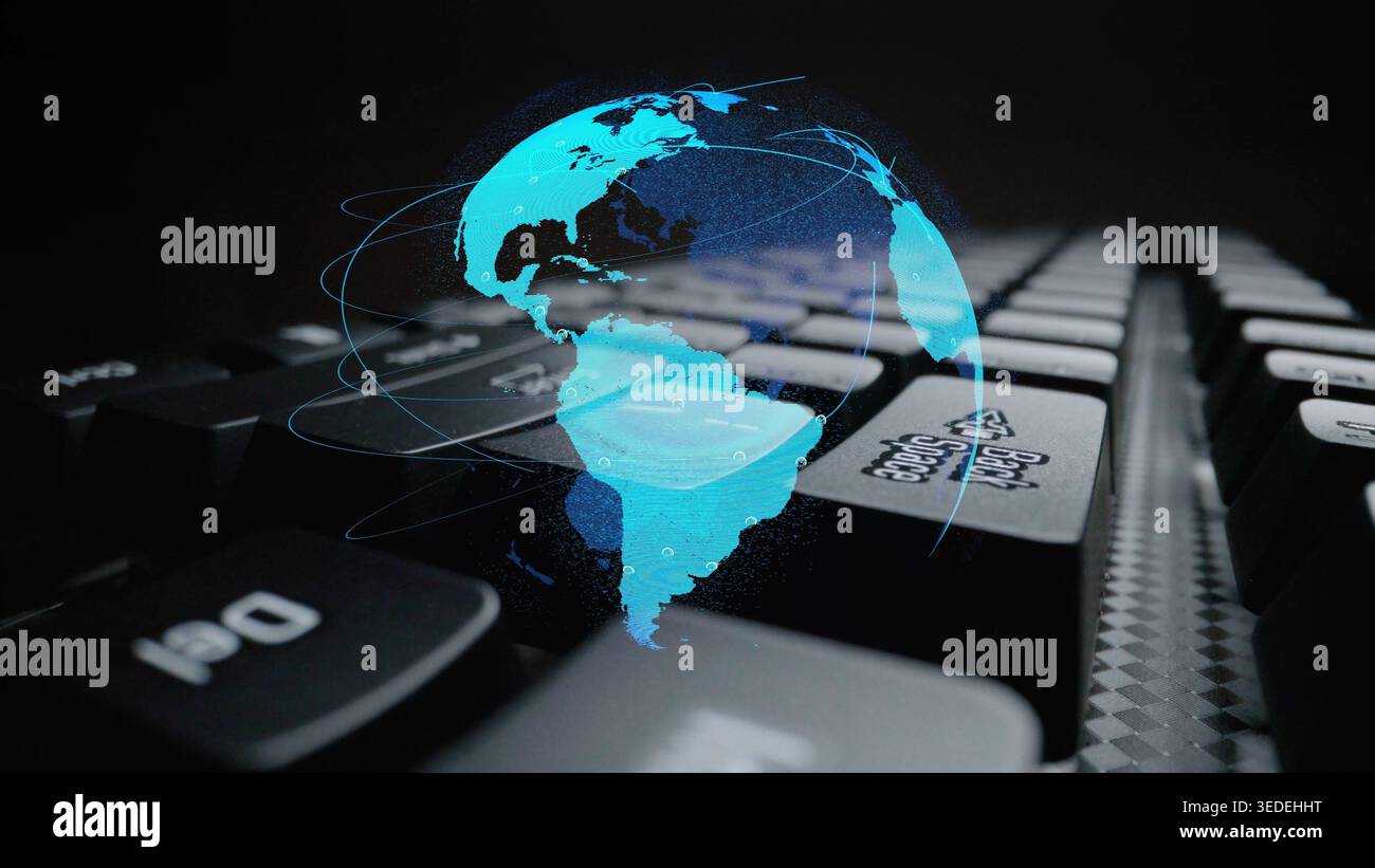 Visualizzazione della connessione di rete globale che mostra lo scambio di dati, il collegamento digitale, la comunicazione mondiale. Flusso di dati globale e rete digitale Foto Stock