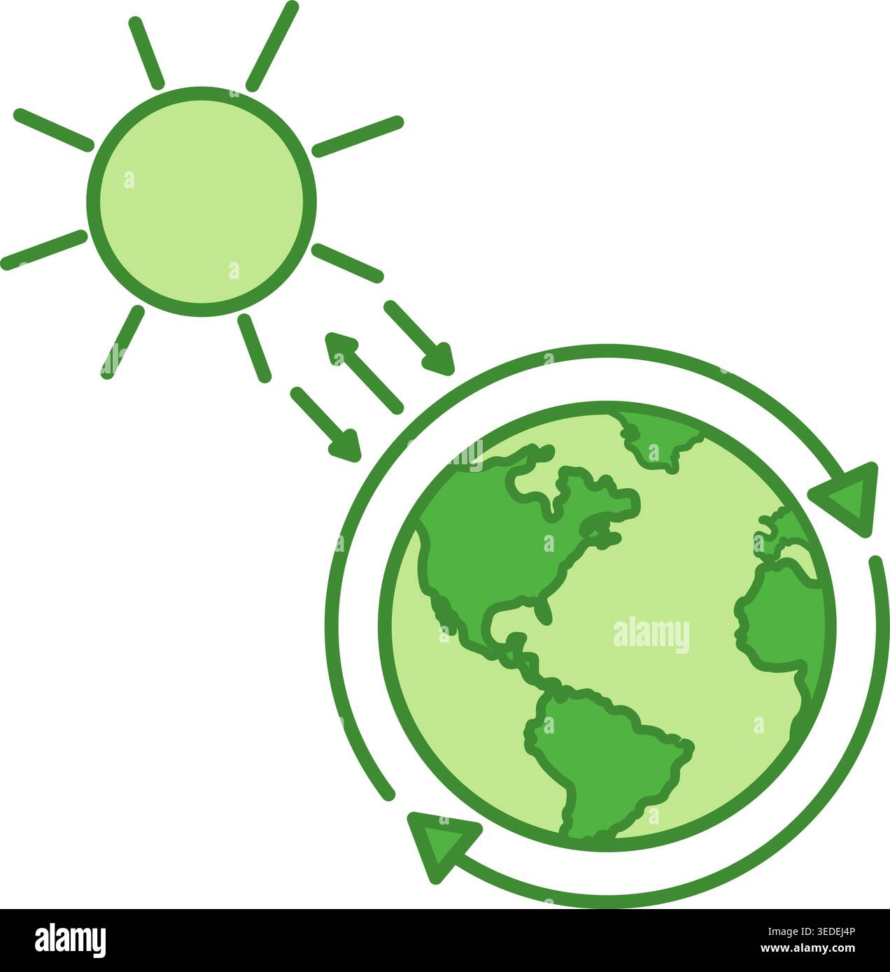 Icona verde effetto serra. Icona vettoriale dell'interazione tra pianeta e Sole. Concetto di riscaldamento globale e protezione dell'ambiente Illustrazione Vettoriale
