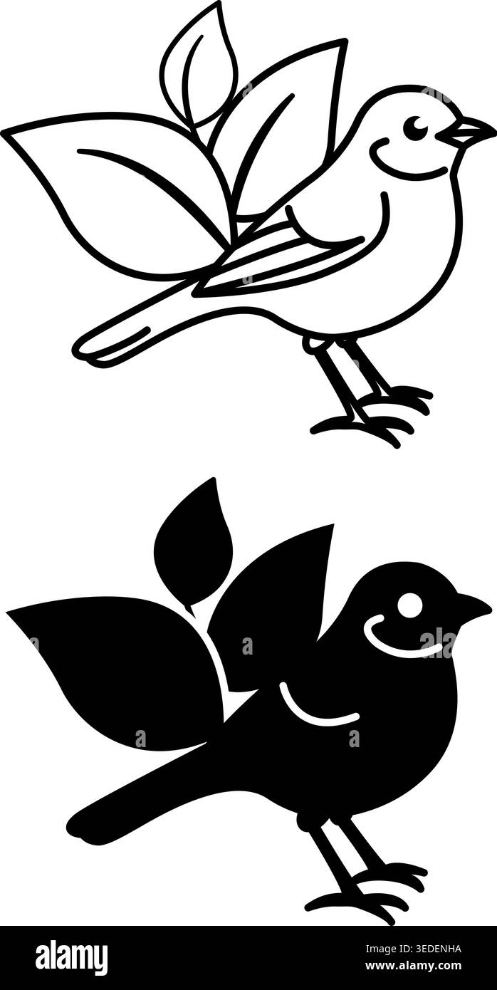 Icone della natura. Icone vettoriali bianche e nere di uccelli e foglie. Animali e piante. Protezione dell'ambiente. Concetto di campeggio Illustrazione Vettoriale