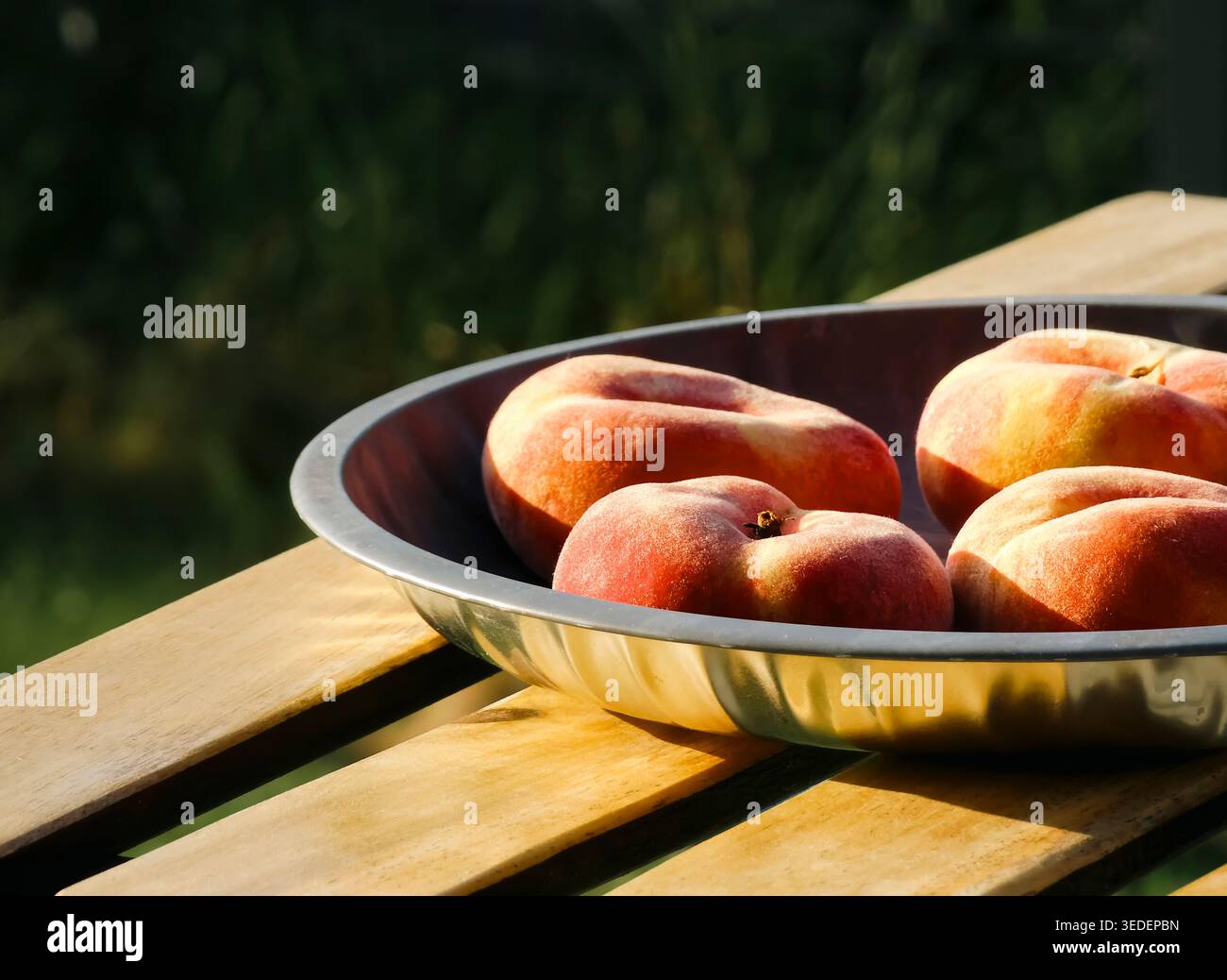 Pesche piane fresche in una ciotola di metallo su un tavolo in legno all'aperto, evocando le vibrazioni della raccolta estiva e l'estetica naturale della frutta biologica. Foto Stock
