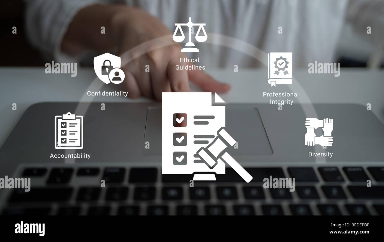 Questa immagine illustra le linee guida etiche e l'integrità professionale, sottolineando la responsabilità, la riservatezza e la diversità negli ambienti di lavoro moderni Foto Stock