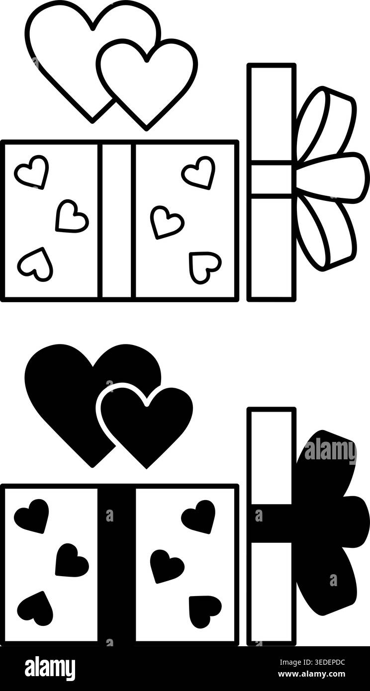 Icone regalo amore. Icone vettoriali bianche e nere. Confezione regalo aperta con Bow and Hearts. San Valentino. Concetto di vacanza Illustrazione Vettoriale
