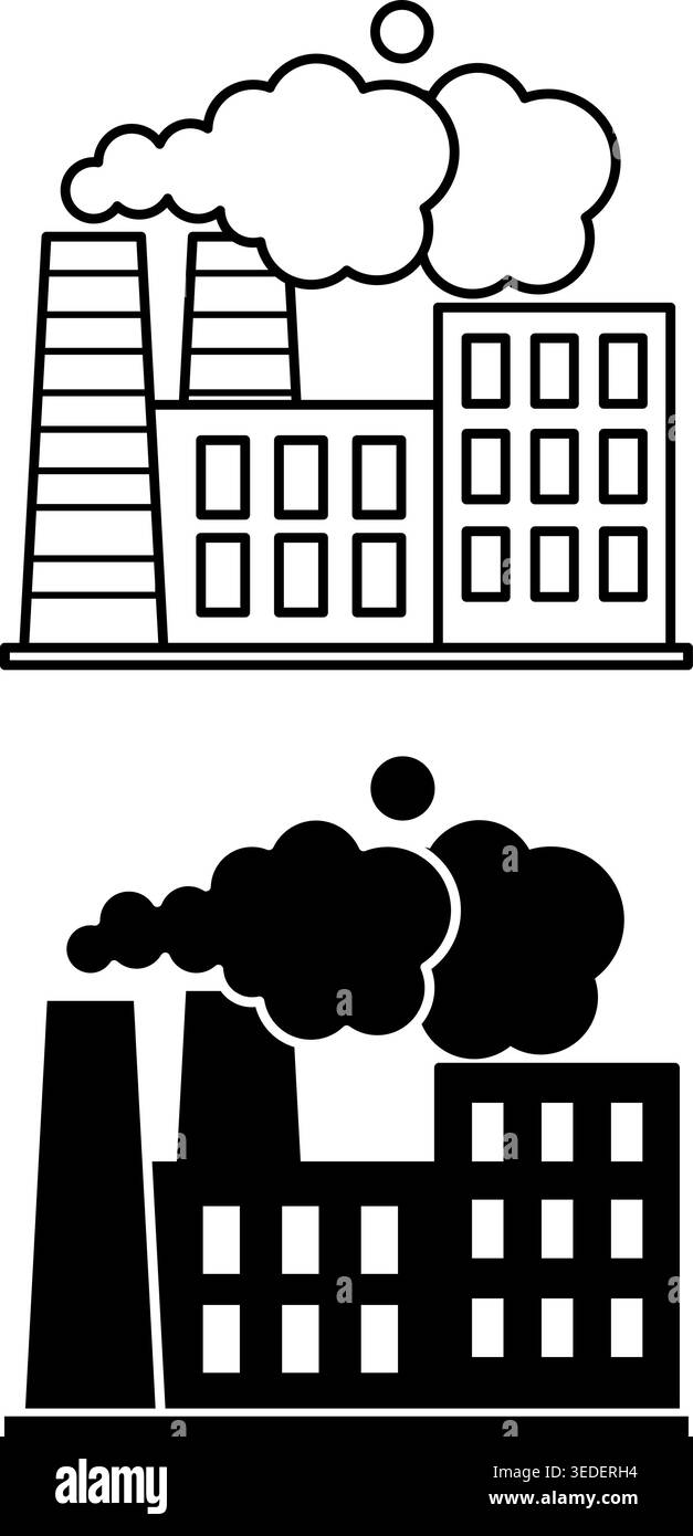 Icone di fabbrica. Illustrazioni del vettore di linee e glifi. Edificio con emissione di fumo da Chimneys. Impianto industriale con linea di produzione automatizzata Illustrazione Vettoriale
