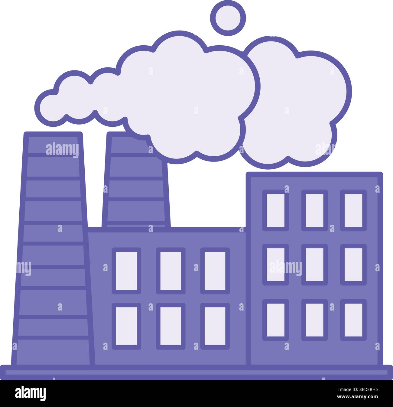 Icona di fabbrica colorata. Illustrazione vettoriale. Edificio con emissione di fumo da Chimneys. Impianto industriale con linea di produzione automatizzata Illustrazione Vettoriale