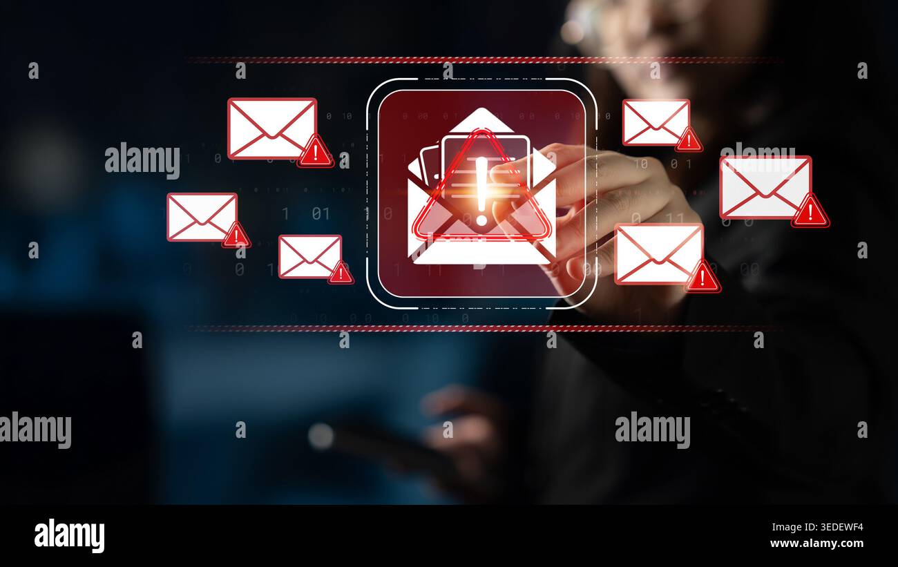 Concetto di consapevolezza della cybersicurezza illustrato da un utente che interagisce con simboli di avvertimento, raffiguranti minacce e-mail e strategie di protezione digitale Foto Stock