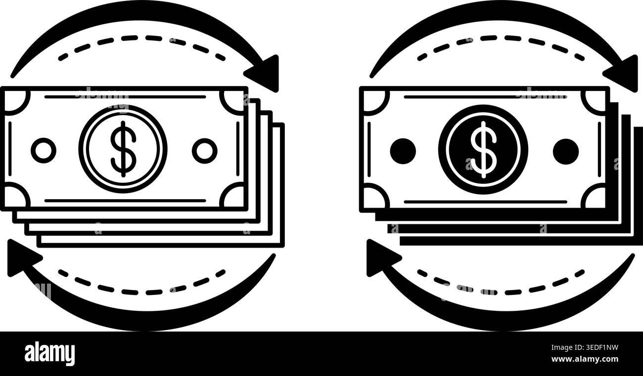 Icone del flusso di denaro. Icone vettoriali bianche e nere di confezioni di dollari e frecce. Concetto contabile Illustrazione Vettoriale