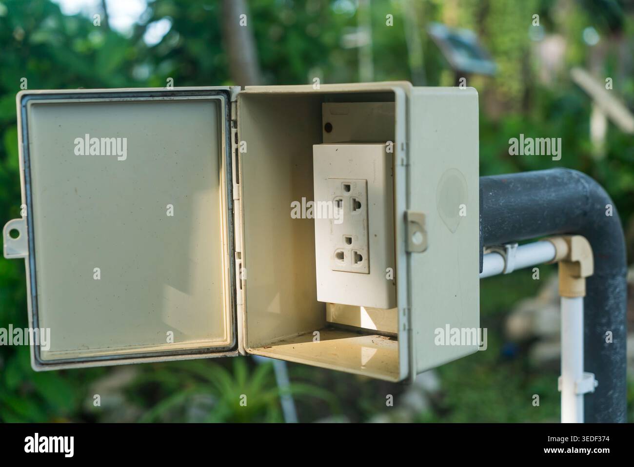 Questa immagine mostra una presa elettrica per esterni installata in un giardino, sottolineando la sicurezza e l'accessibilità nelle soluzioni di alimentazione per esterni. Foto Stock