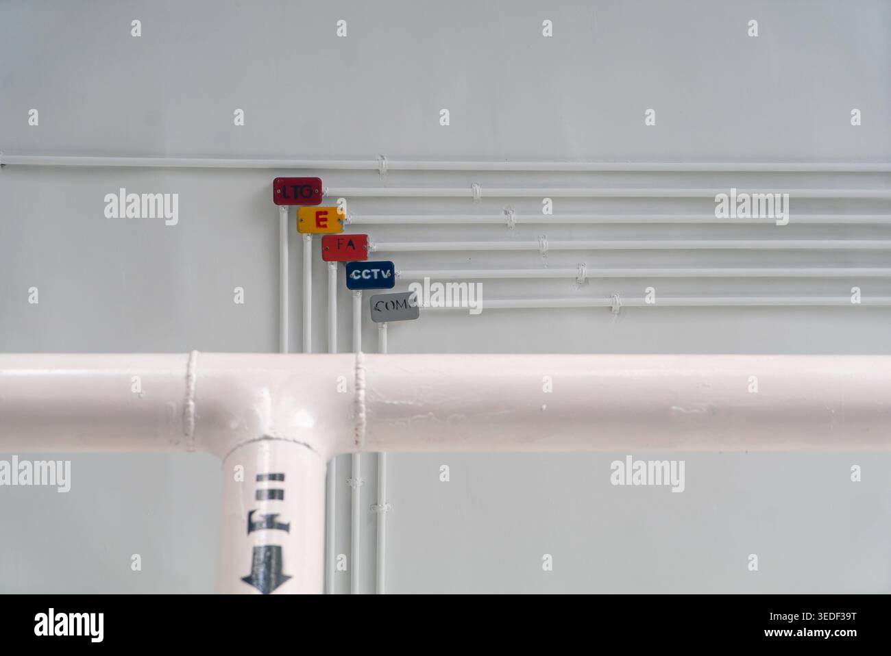 Questa immagine presenta cartelli colorati attaccati a tubi bianchi su una parete industriale, a dimostrazione di un'area di lavoro moderna e organizzata, evidenziata Foto Stock