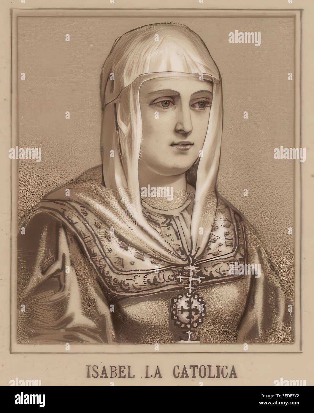 Isabella i di Castiglia, Isabella i di Castiglia, nata il 22 aprile 1451 a Madrigal de las Altas Torres, morta il 26 novembre 1504 a Medina del campo, nota anche come Isabella la cattolica, spagnola: Isabel la Católica, fu regina di Castiglia e León dal 1474 al 1504 e, come moglie di Ferdinando II, anche regina d'Aragona dal 1479 al 1504. Immagine scolastica, riproduzione autentica di un poster scolastico, circa 1900, data esatta sconosciuta. Storico. Foto Stock