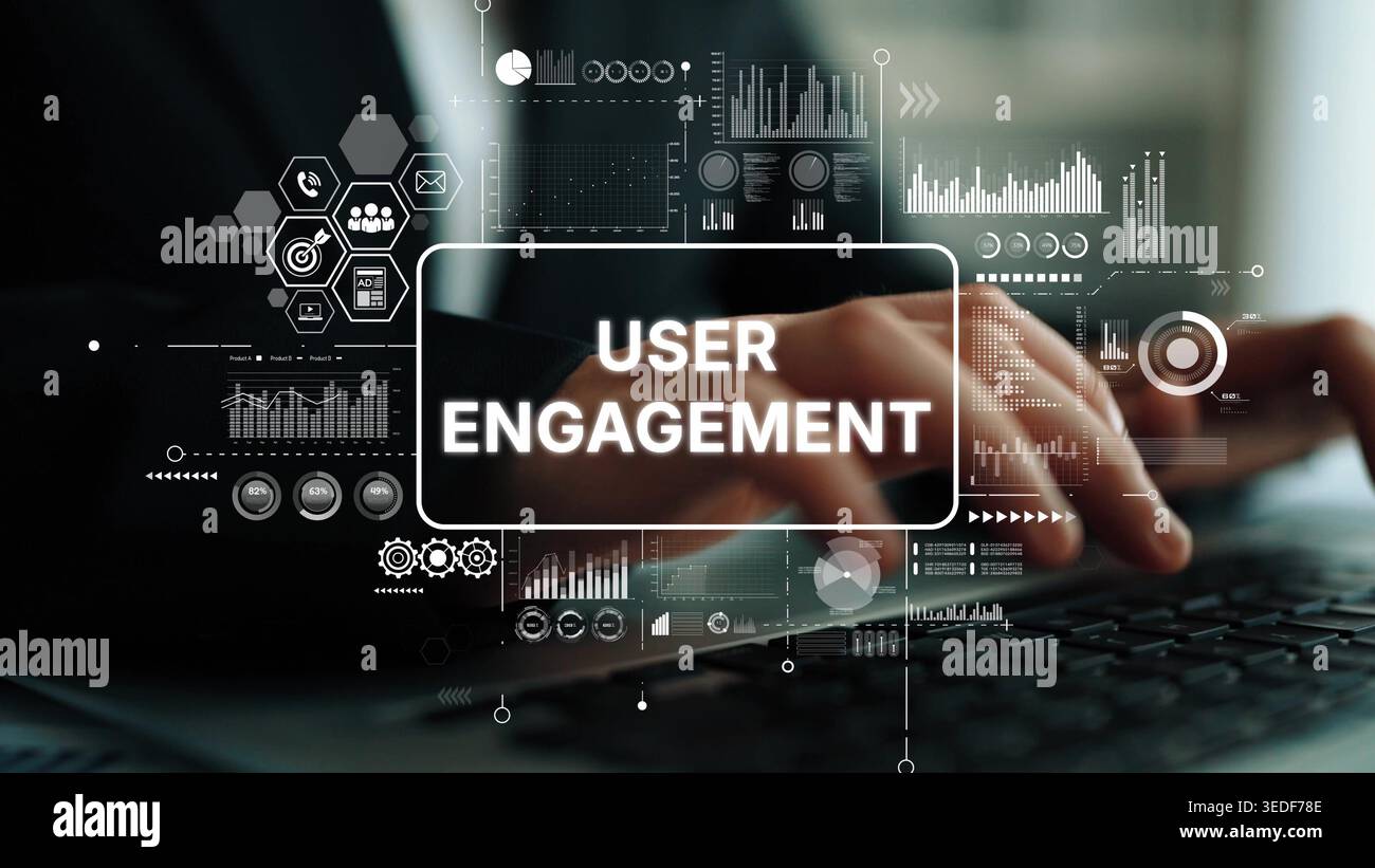 Digitazione manuale sulla tastiera con concetto di coinvolgimento dell'utente e visualizzazione dei dati in background per le strategie di marketing digitale. Dati intelligenti asintotici Foto Stock