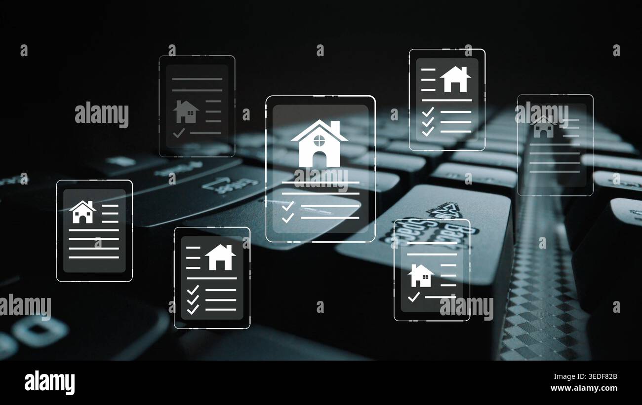 Concetto di gestione immobiliare digitale con icone e liste di controllo sulla tastiera del computer per Modern Property Management Solutions Gluon. Foto Stock