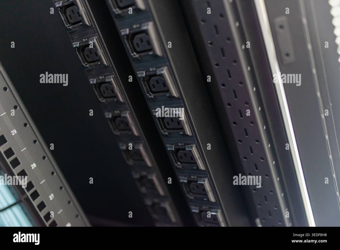 Primo piano delle unità di distribuzione dell'alimentazione in un server rack, che mostra l'infrastruttura elettrica essenziale per una gestione efficiente del data center e dell'energia Foto Stock