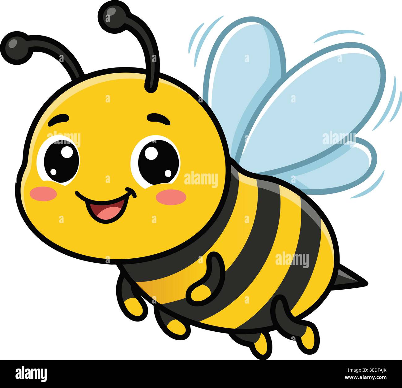 Simpatico personaggio dei cartoni animati delle api che vola con un sorriso felice e grandi occhi lucidi Illustrazione Vettoriale
