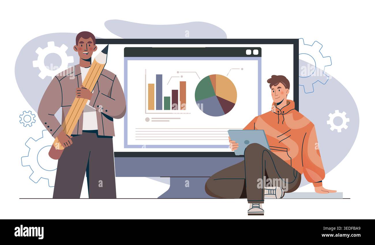 Concetto di insegnante online. Il ragazzo con un tablet guarda l'uomo con una matita. Istruzione e formazione a distanza. Apprendimento remoto. Webinar, lezioni o lezioni. Piatto Illustrazione Vettoriale
