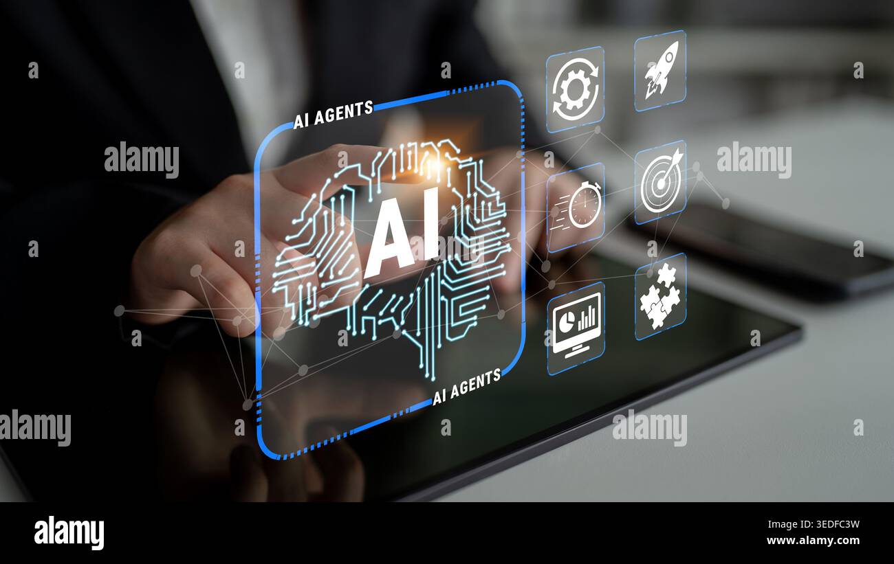 Professionista aziendale che interagisce con il concetto di tecnologia di intelligenza artificiale su tablet Device, visualizzando dati e intelligenza con l'interfaccia innovativa e. Foto Stock
