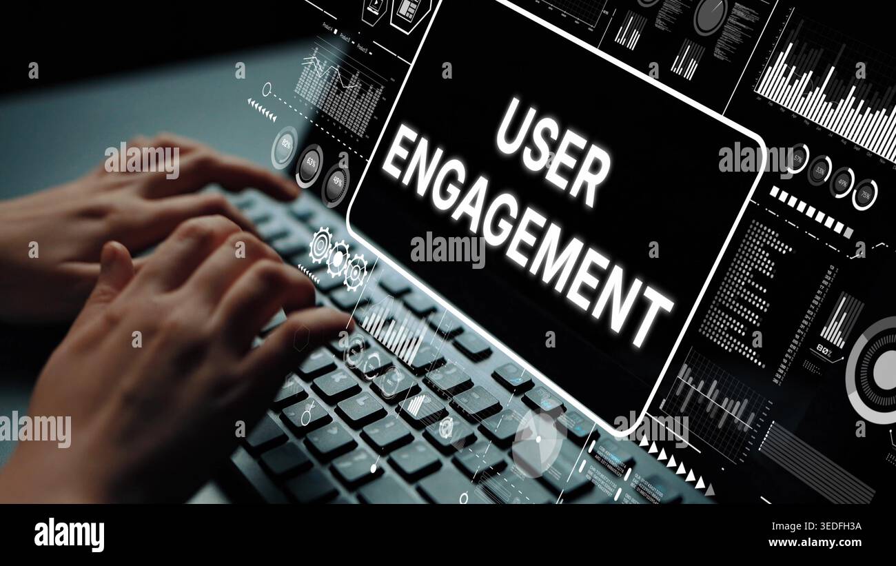 Digitazione manuale sulla tastiera con concetto di coinvolgimento degli utenti e visualizzazione dell'analisi dei dati in Modern Workspace. Analisi dei dati intelligente asintotica. Foto Stock