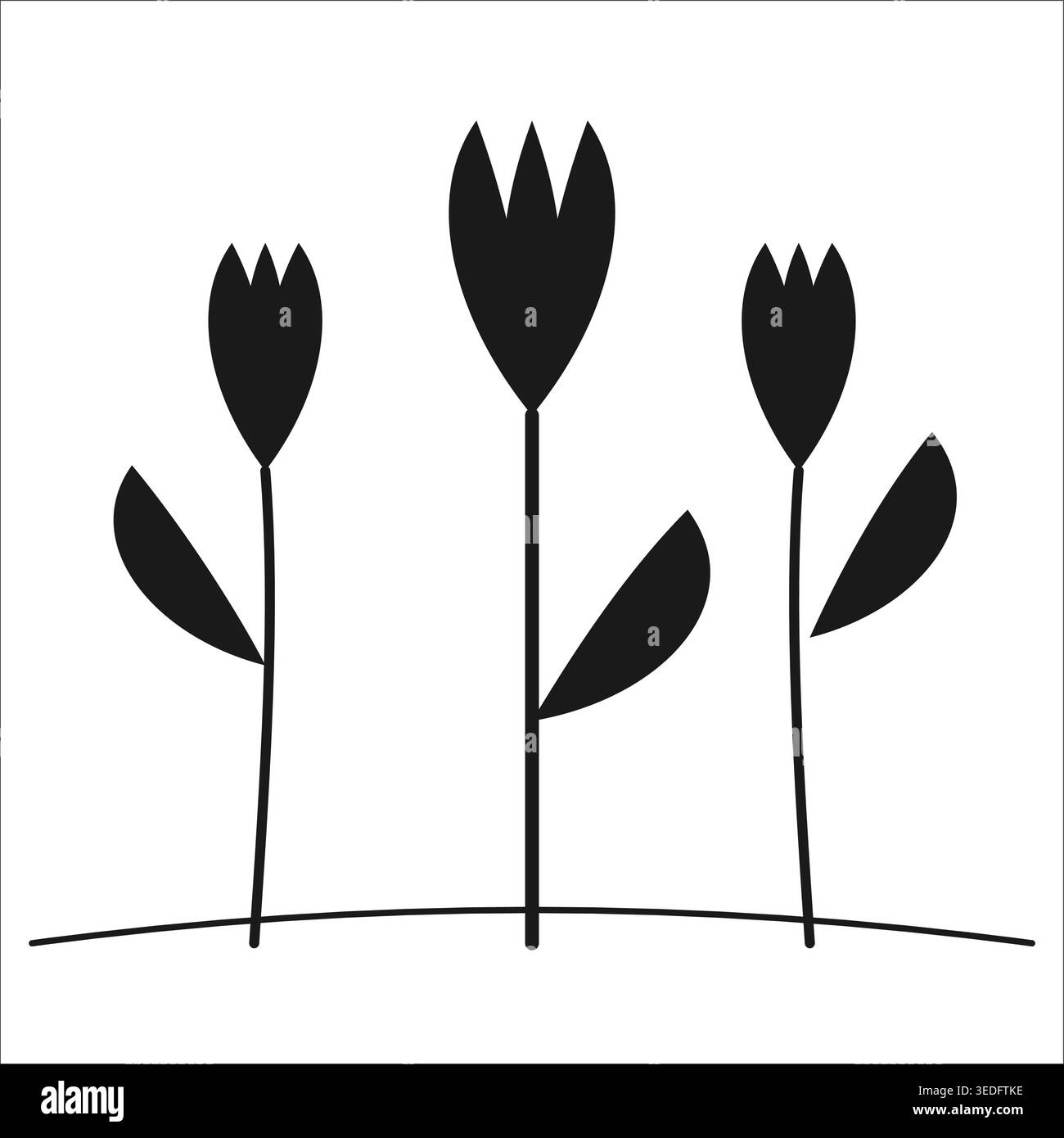 Tre silhouette a tulipani nere illustrazione vettoriale con steli e foglie su Ground Line per il design floreale primaverile Illustrazione Vettoriale