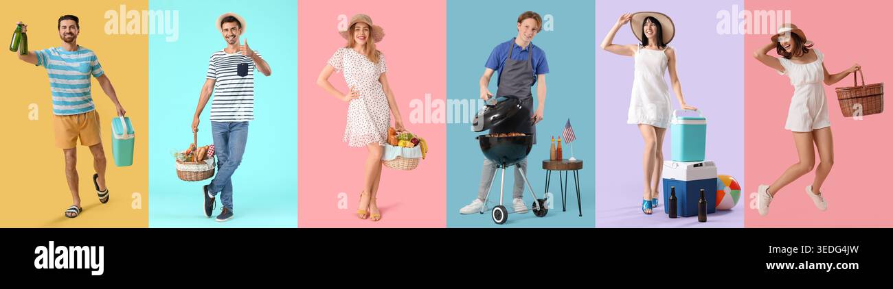 Set di giovani con cesti da picnic, barbecue e frigoriferi portatili su sfondo colorato Foto Stock