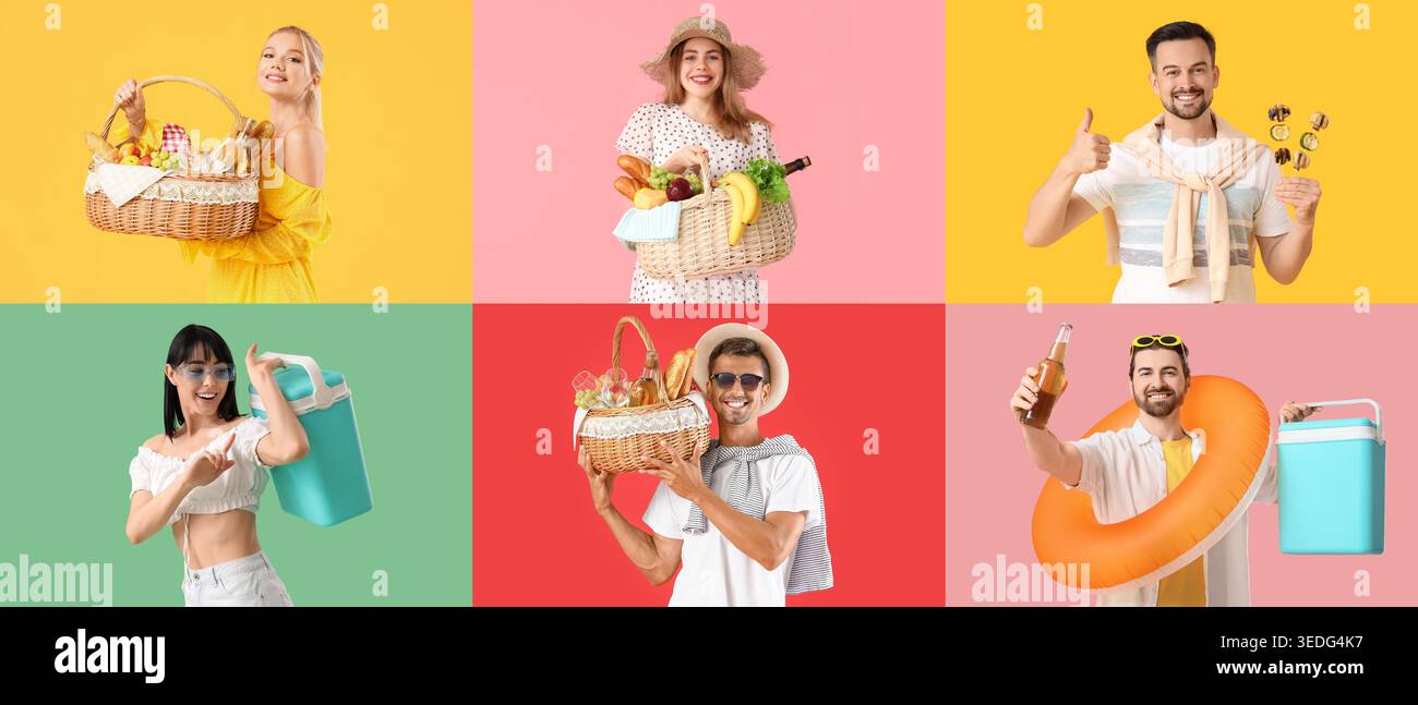 Collage di giovani con cesti da picnic e frigoriferi portatili su sfondo colorato Foto Stock