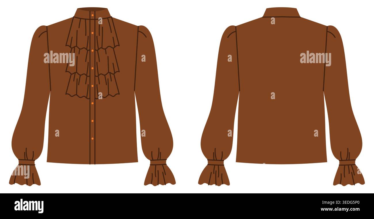 Blusa marrone con scollo alto, pannello frontale con volant a strati e maniche lunghe polsini raccolti e silhouette strutturata e femminile. Illustrazione tecnica di moda in tinta piatta, viste frontali posteriori. Vettore Illustrazione Vettoriale